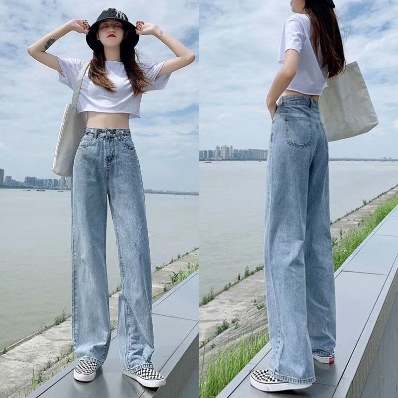 [OOTD wholesale] XS-2XL recommended by the store manager! Preferred high-waisted wide-leg jeans Women's plus size slimming loose floor-length trousers Adjustable trousers design High-waisted deni