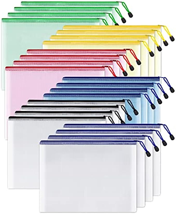 SUNEE Mesh Zipper Pouch 10x14 in (6 Colors, 24 Packs), Extra Large Water-Resistant Zip Bag for School Office Supplies, Puzzles &amp; Games Organizing Storage