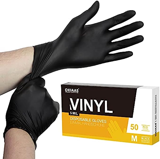 OKIAAS Black Disposable Gloves Medium, Vinyl Gloves Disposable Latex Free, 5 mil, 50 Count, for Food Prep, Household Cleaning, Hair Dye, Tattoo