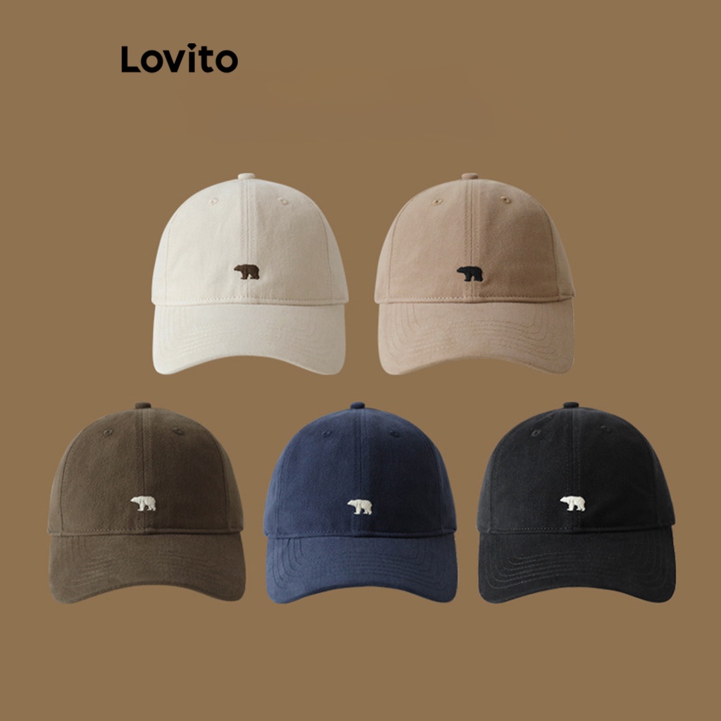 Lovito Sporty Plain Embroidery Pattern Cupola Bent Brim Polar Bear Hat for Women LFA08409 (Army Green/Khaki/Off White/Navy Blue)