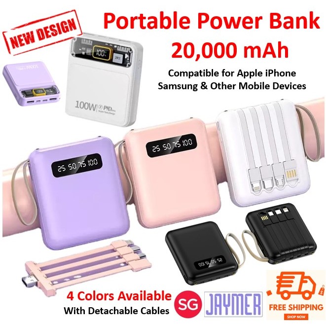 [SG STOCK] Power bank Fast Charging Powerbank Cable Portable 4 in 1 20000 30000 mAh For Apple iPhone 14 Samsung S24